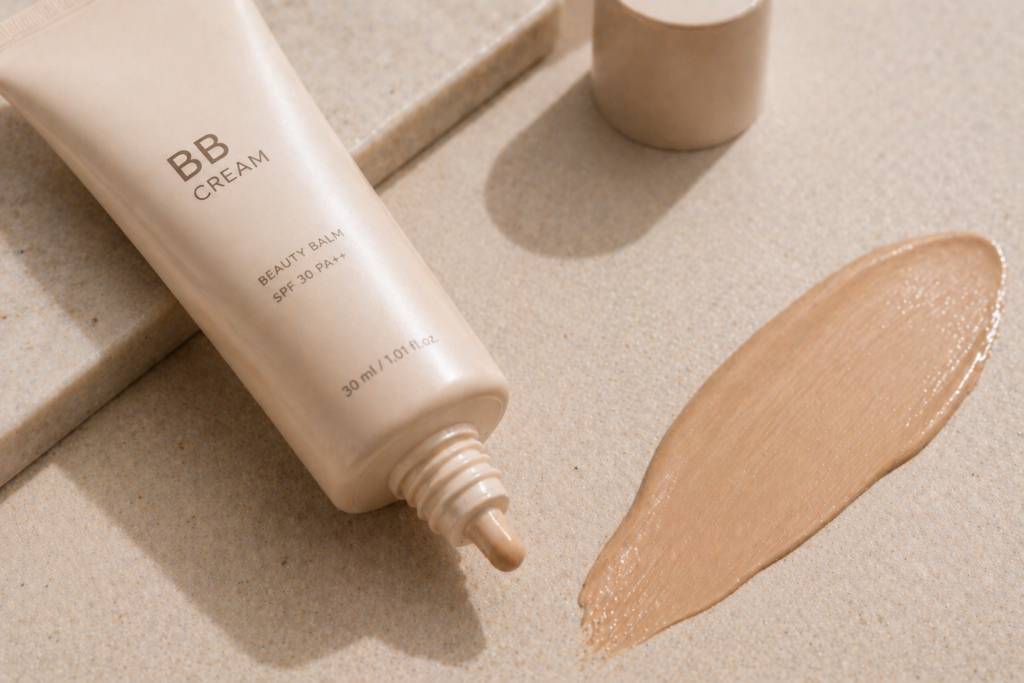 Close-up of BB cream with blended swatch highlighting lightweight coverage and natural skin finish