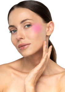 Blush placement for round face applied higher on the cheeks and angled upwards to create a slimmer, lifted effect