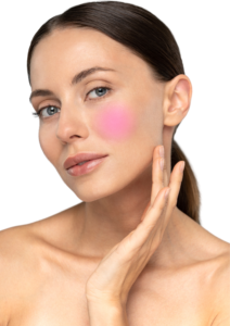 Blush placement for round face applied on the apples of the cheeks showing a fuller, more rounded effect