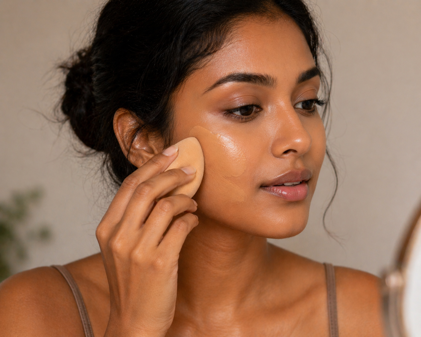 Brown-skinned woman applying liquid foundation to her face using a makeup sponge for an even, natural finish