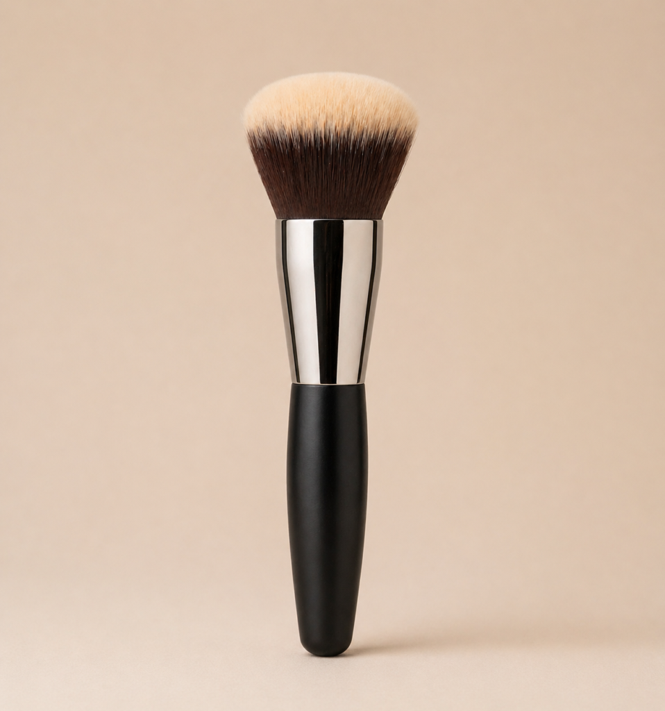 Buffing foundation brush with dense rounded bristles on a neutral beige background