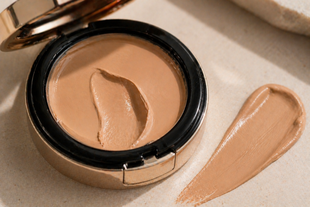 Close-up of cream foundation in compact with smooth swatch highlighting texture and coverage