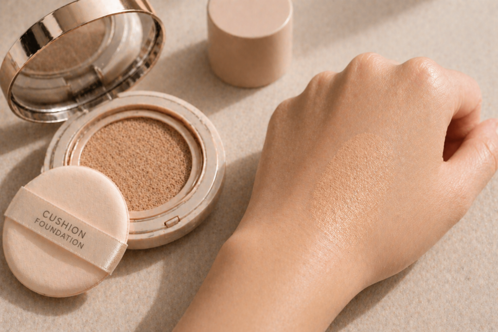 Cushion foundation compact with applicator puff and a soft, diffused swatch on the back of a hand showing lightweight, natural coverage