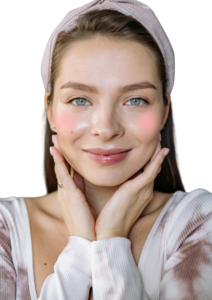 Blush placement for heart-shaped face with soft pink blush applied across the cheeks to balance a wider forehead and narrow chin