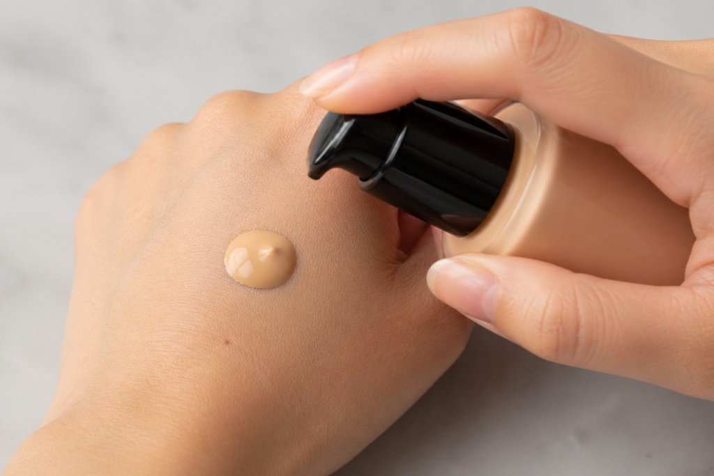 Close-up of liquid foundation being dispensed from a pump onto the back of a hand showing texture and shade