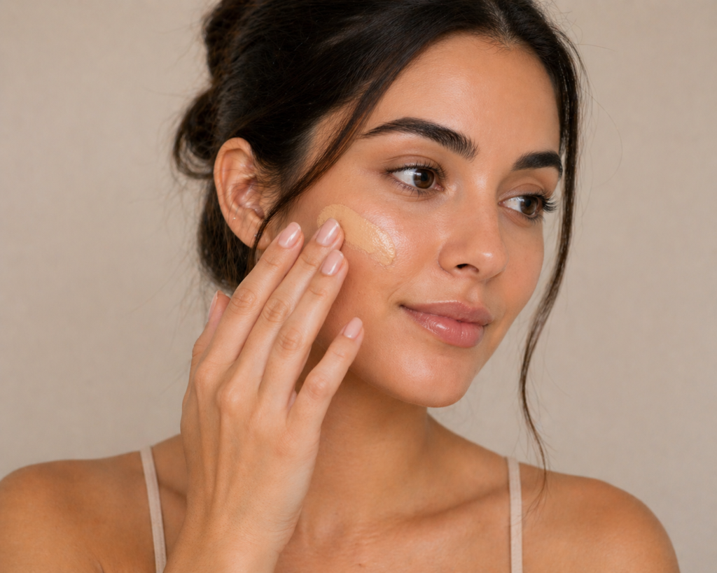 Woman applying liquid foundation to her face using her fingers for a natural, skin-like finish