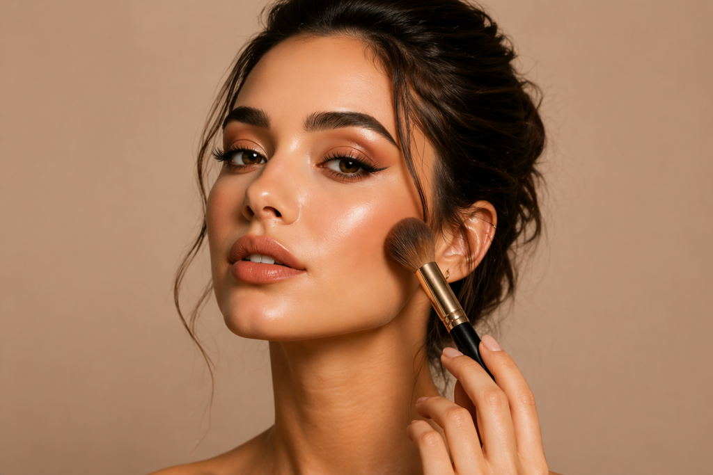 Woman applying blush with a makeup brush for a natural glowing look