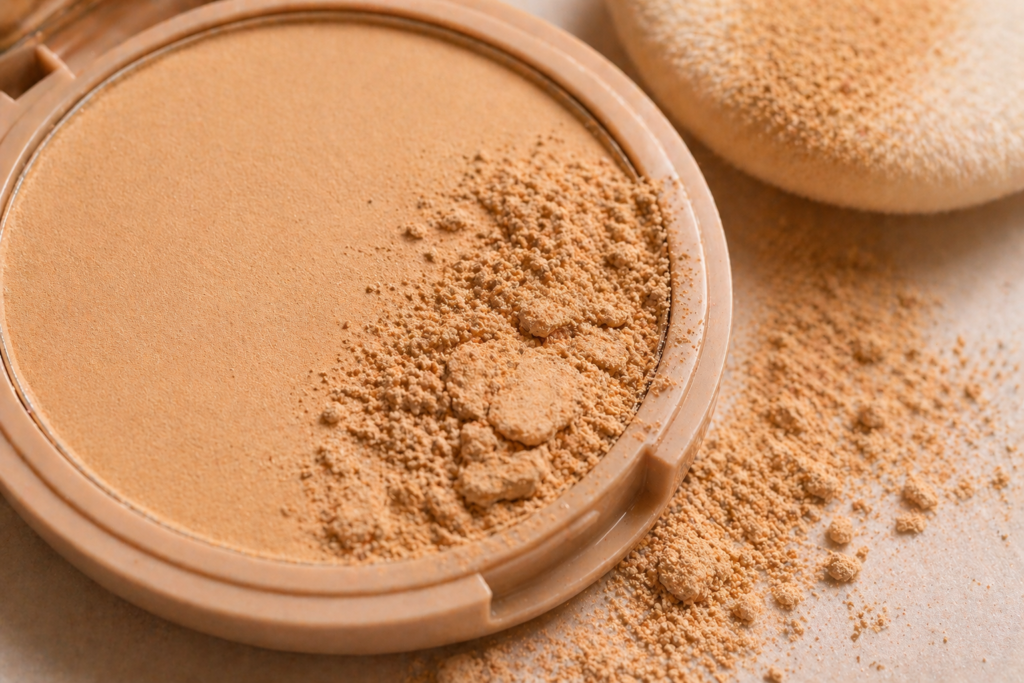 Close-up of powder foundation compact with loose powder showing fine matte texture