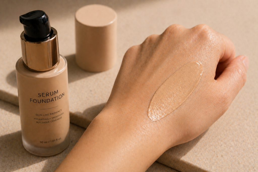 Serum foundation swatch applied on the back of a hand with a bottle of foundation beside it, showing a smooth, lightweight, skin-like finish.