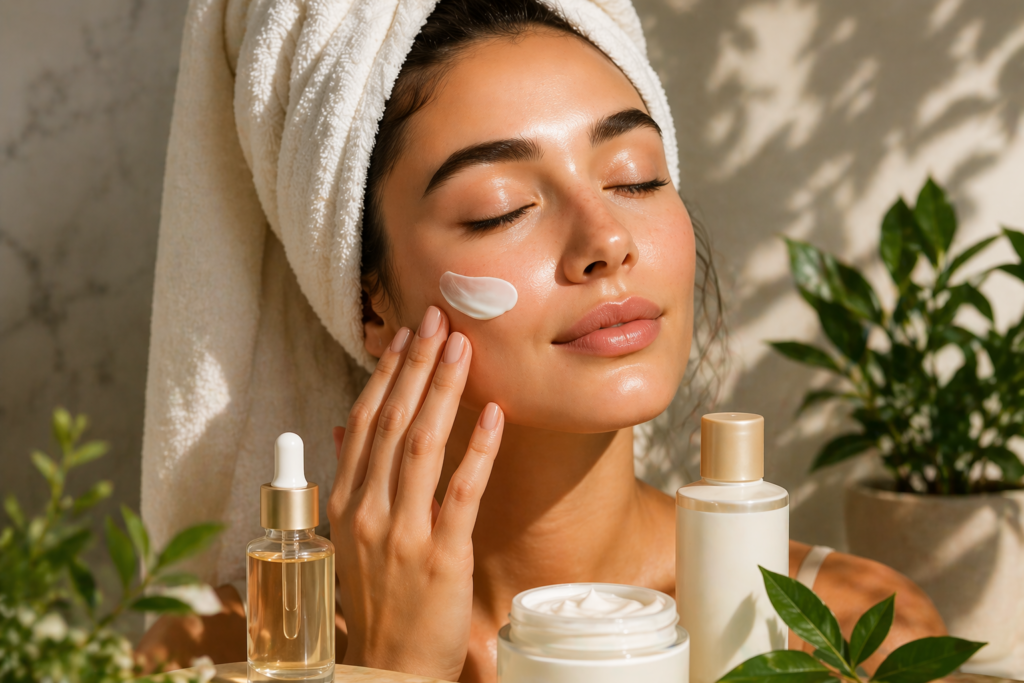 Woman applying face cream as part of a skincare routine for healthy glowing skin