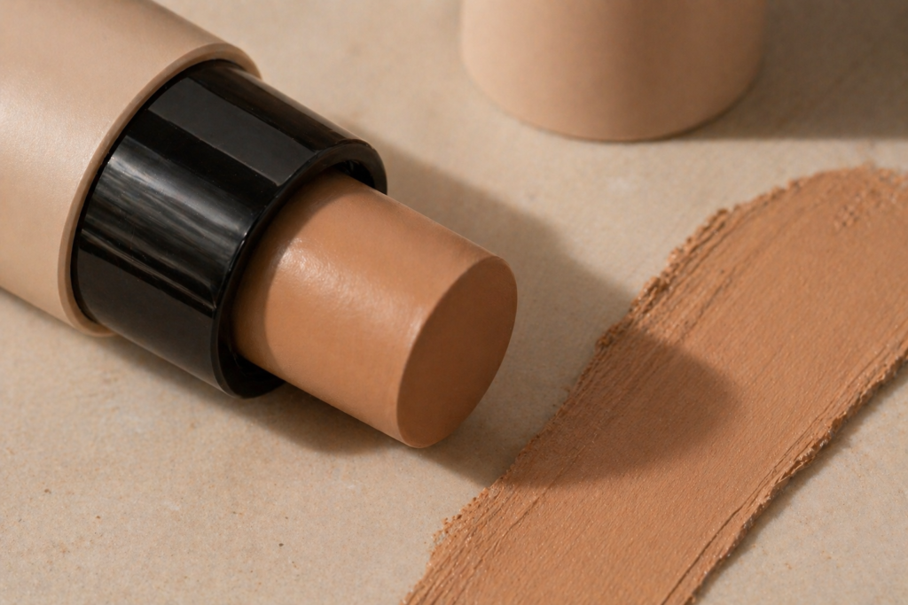 Close-up of stick foundation in light shade with blended swatch highlighting creamy texture and finish
