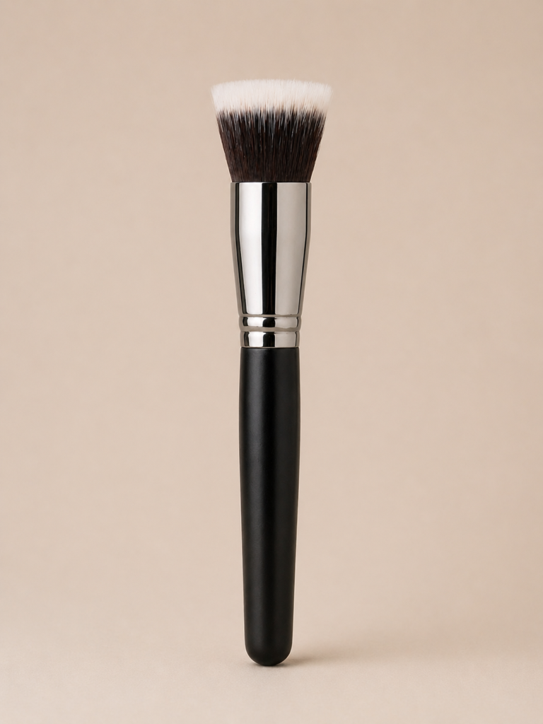 Stippling foundation brush with dual-layer bristles on a neutral beige background