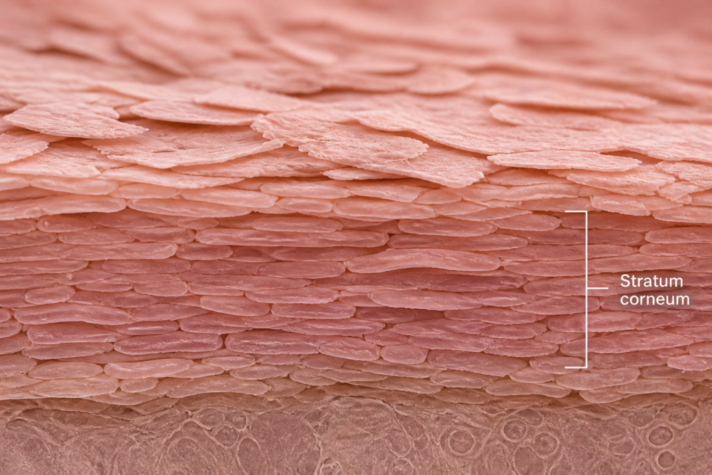 Close-up illustration of the stratum corneum showing layered dead skin cells forming the outermost skin barrier