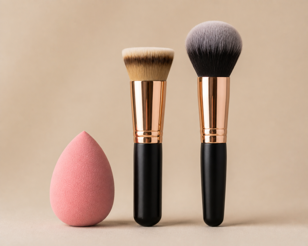 Beauty blender and foundation brushes on a neutral background for smooth application and tips on how to make foundation last all day