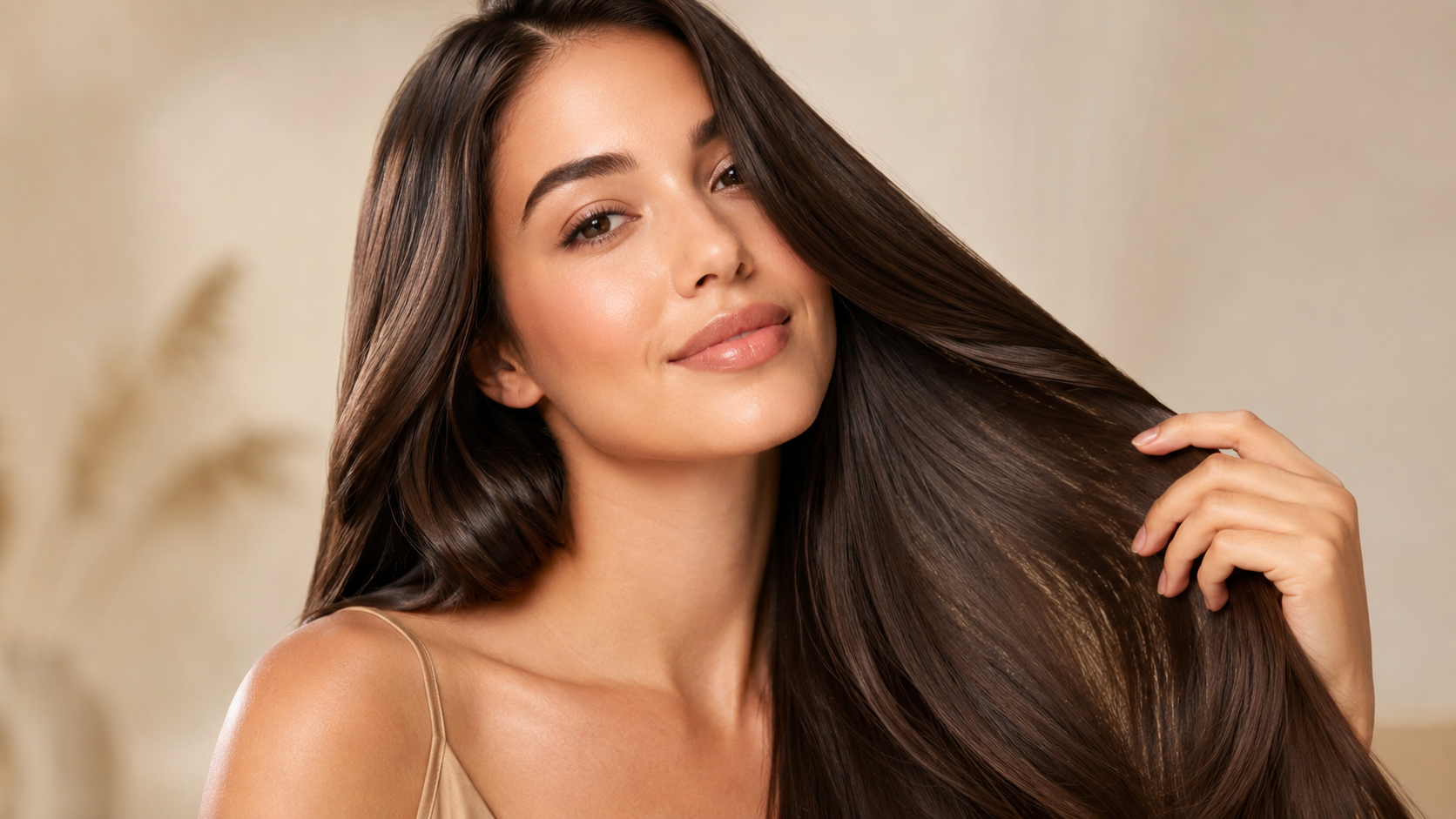 Healthy hair care routine for beginners showing a woman with smooth, shiny hair on a neutral background