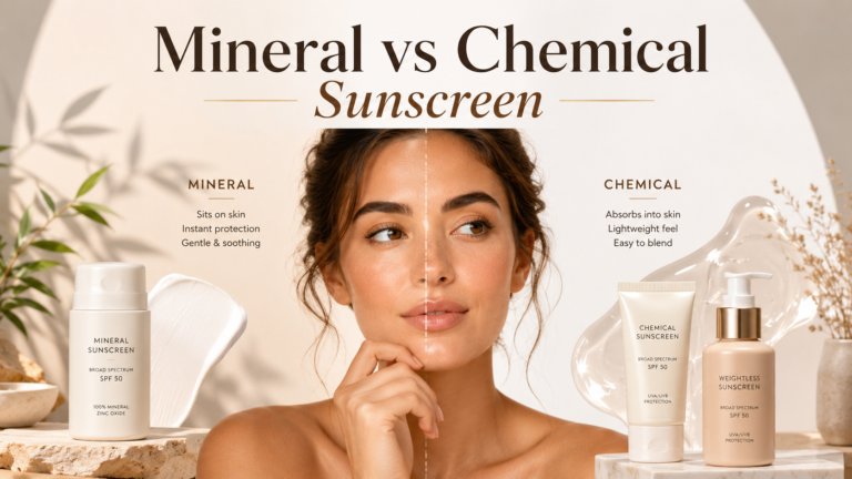 How to choose sunscreen for your skin type featured image showing a woman between mineral and chemical sunscreen options.