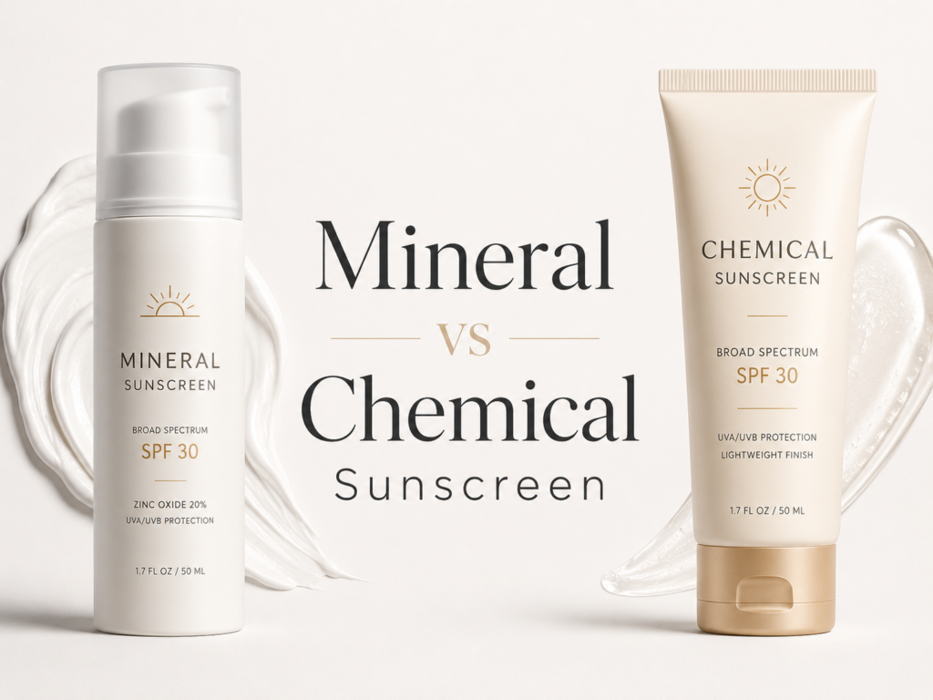 Side-by-side comparison graphic showing two sunscreen bottles on a clean background with the text “Mineral vs Chemical Sunscreen
