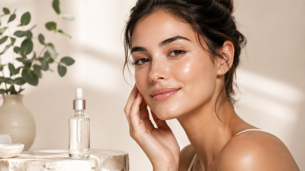 Niacinamide for skin featured image showing a woman with radiant, balanced-looking skin beside a serum bottle.