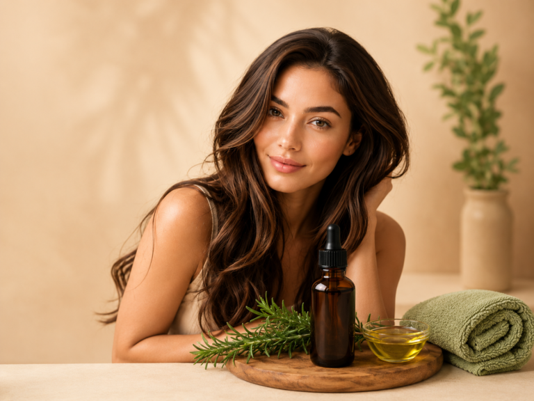 Rosemary oil for hair featured image showing a woman with long shiny hair beside rosemary oil and fresh rosemary on a beige background.