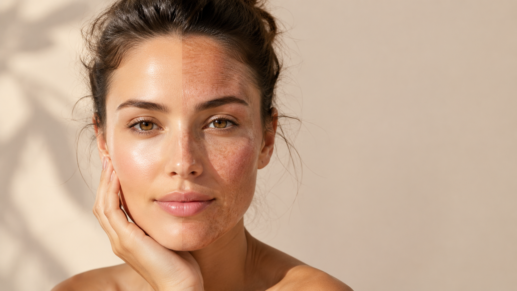 Woman showing why you need SPF every day with protected skin on one side and sun-damaged skin on the other
