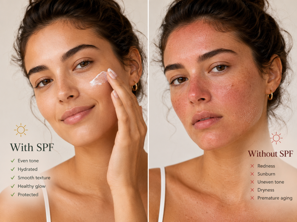 Woman comparing skin with SPF protection and without SPF, showing smooth protected skin versus redness, sunburn and dryness.