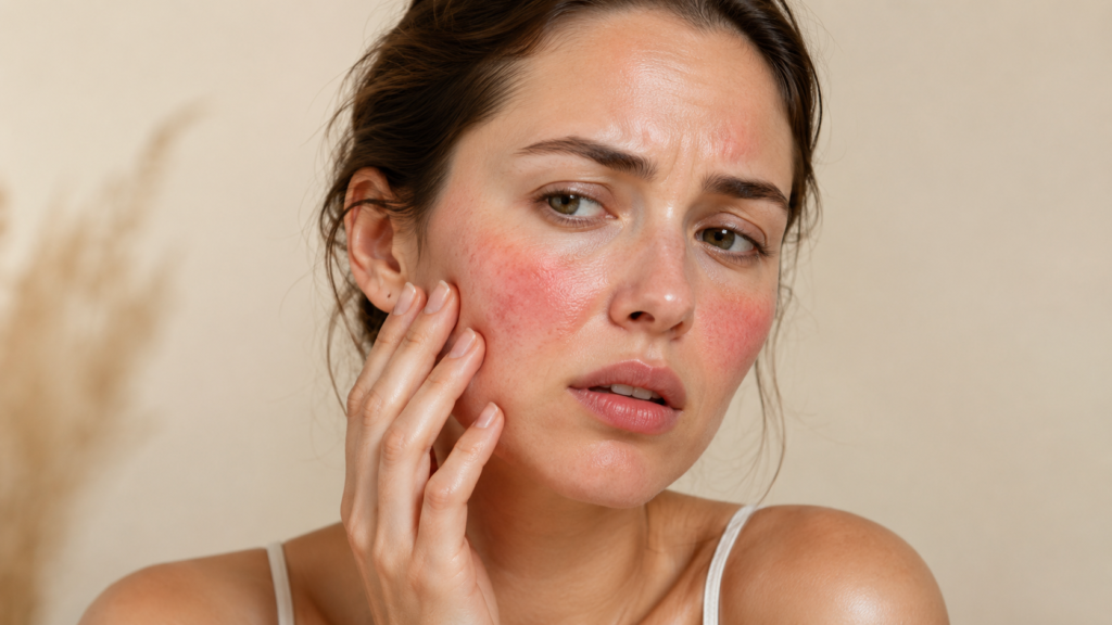 Woman whose skin burns when you apply skincare, showing redness and irritation on her face