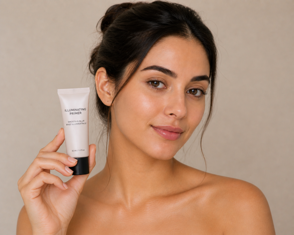 Woman holding a primer product next to her face on a neutral background