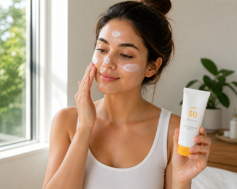 Woman applying SPF sunscreen to her face in natural light