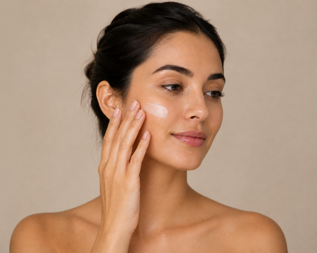 Woman applying moisturiser to her face with her fingers on a neutral background