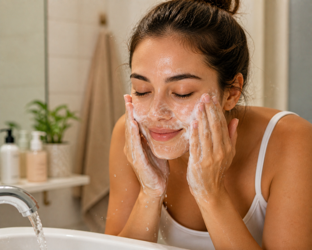 Woman washing her face with cleanser at a sink as part of a basic skincare routine