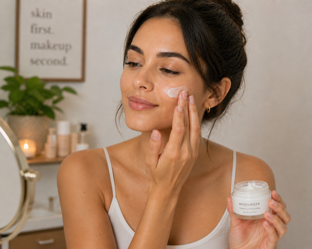 Woman using moisturiser as a basic skincare routine for beginners