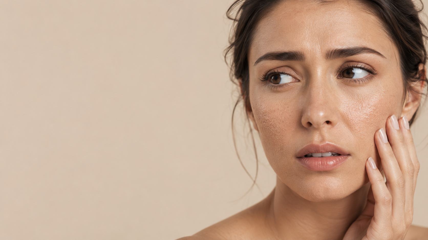 Woman whose skin is still dry after moisturising, showing flaky texture and tightness on her face