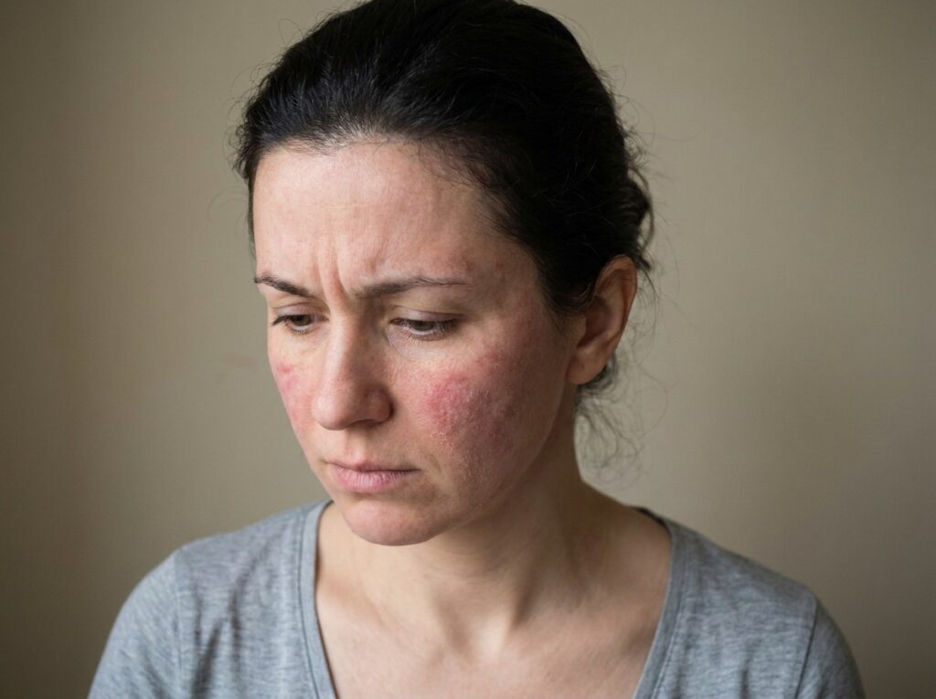 Woman with irritated skin wondering about how to fix your skin barrier