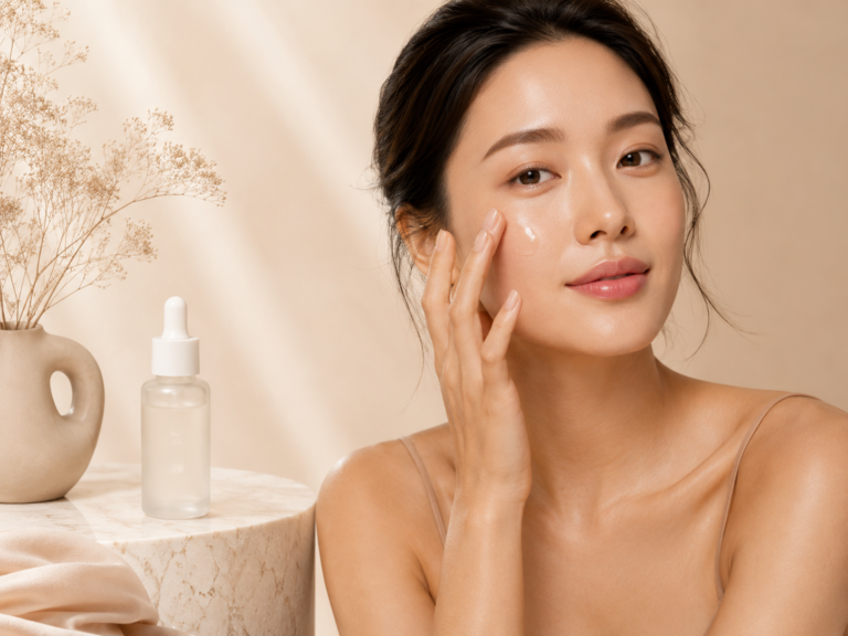 Ectoin for stressed skin featured image showing a woman applying a calming serum beside a skincare bottle